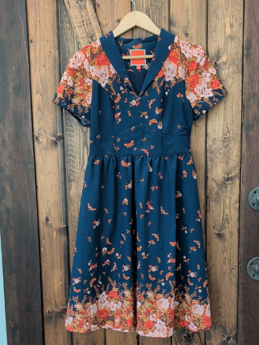 Modcloth Navy Floral Fit and Flare Dress with Pink and Red Blooms Fall Size M